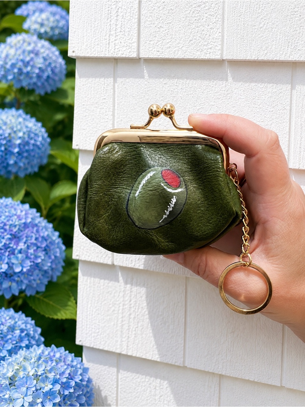 Olive Green Leather Kiss-Lock Coin Purse with Keyring